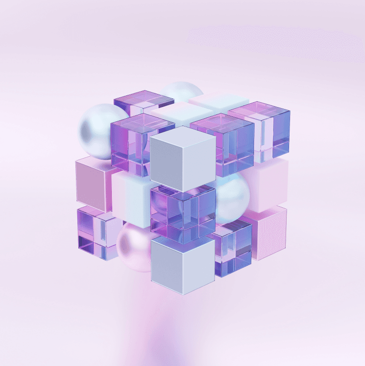 Abstract 3D composition of translucent purple, opaque pink, and white cubes forming a larger cube, with reflective spheres, on a pastel background.