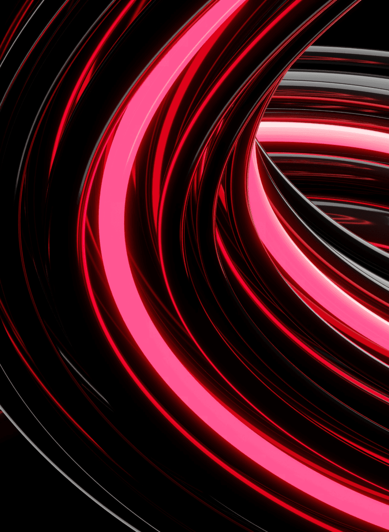 Abstract 3D swirl of glossy black, grey and glowing pink-red curved ribbons on a black background