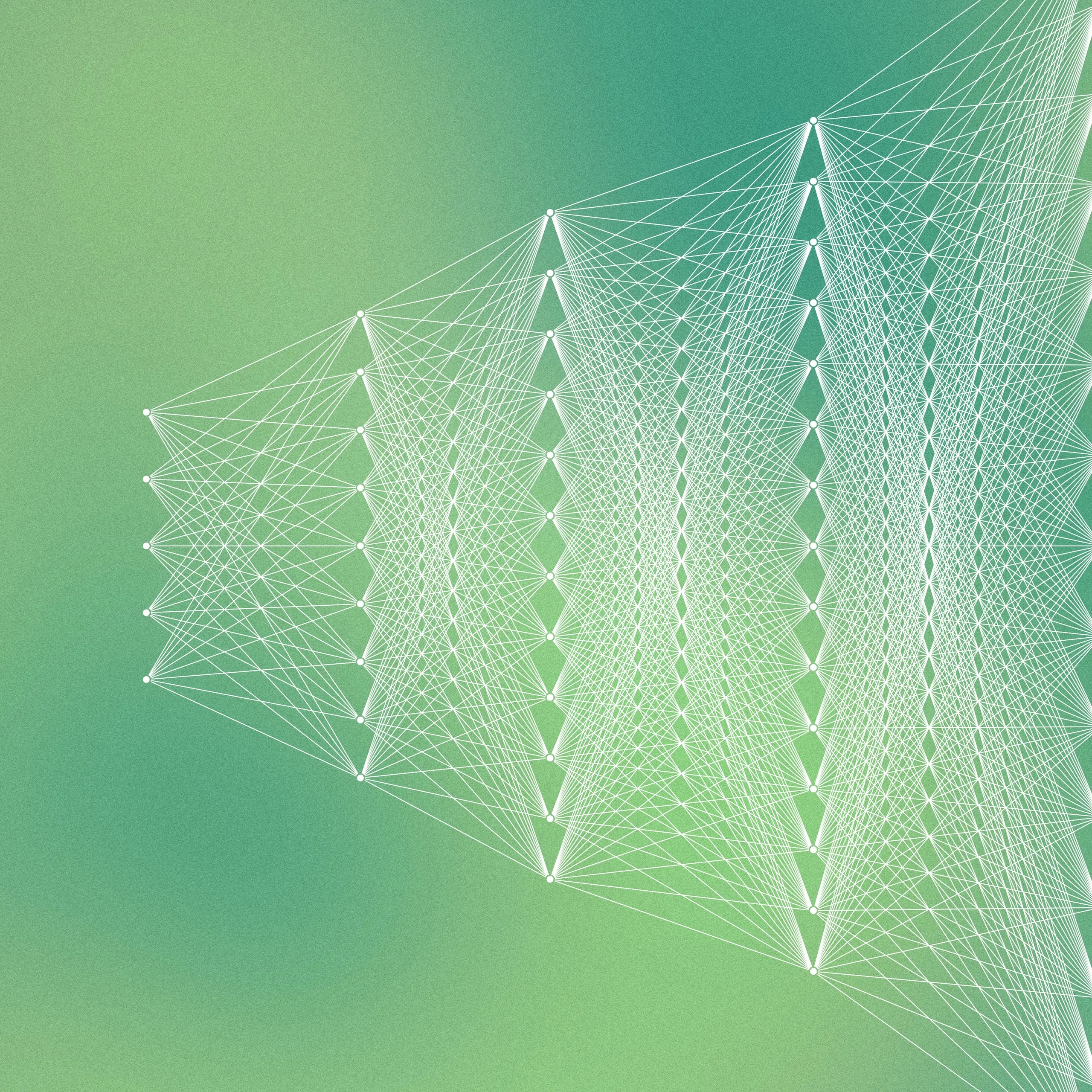 Abstract design featuring a soft gradient with geometric shapes and interconnected lines, representing digital interaction and AI systems.